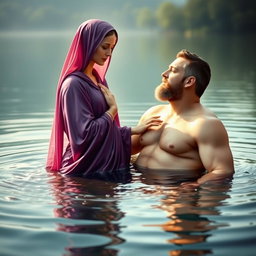 A serene and artistic representation of the Virgin Mary, the Immaculate Conception of Nazareth, bathing in a tranquil lake alongside God the Father