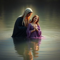 A serene and artistic representation of the Virgin Mary, the Immaculate Conception of Nazareth, bathing in a tranquil lake alongside God the Father