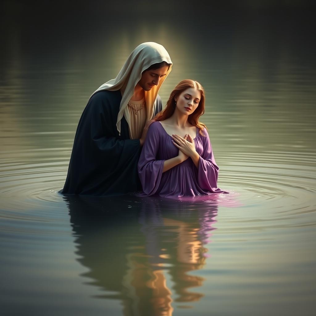 A serene and artistic representation of the Virgin Mary, the Immaculate Conception of Nazareth, bathing in a tranquil lake alongside God the Father