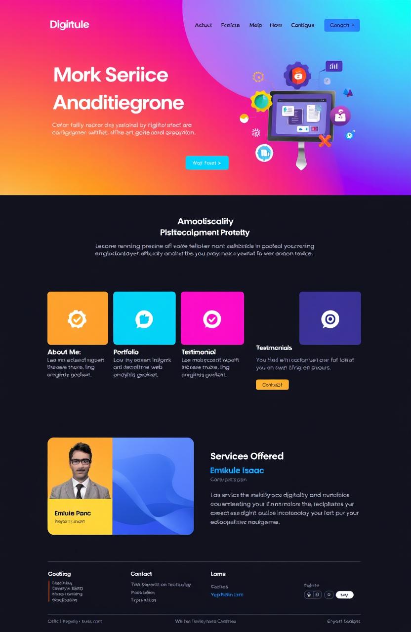 A modern website design layout featuring vibrant colors and a user-friendly interface for showcasing digital art and technology services