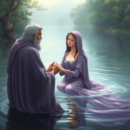 An artistic and serene portrayal of the Virgin Mary, the Immaculate Conception of Nazareth, taking a peaceful bath in a picturesque lake alongside God the Father