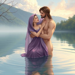 An artistic and serene portrayal of the Virgin Mary, the Immaculate Conception of Nazareth, taking a peaceful bath in a picturesque lake alongside God the Father