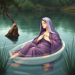 An artistic and serene portrayal of the Virgin Mary, the Immaculate Conception of Nazareth, taking a peaceful bath in a picturesque lake alongside God the Father