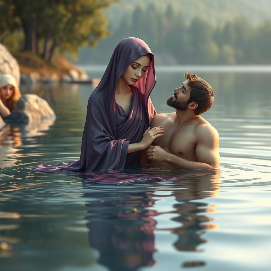 An artistic and serene portrayal of the Virgin Mary, the Immaculate Conception of Nazareth, taking a peaceful bath in a picturesque lake alongside God the Father