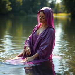 A serene and evocative depiction of the Virgin Mary, the Immaculate Conception of Nazareth, taking a bath in a tranquil lake
