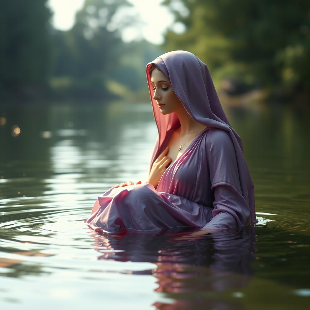 A serene and evocative depiction of the Virgin Mary, the Immaculate Conception of Nazareth, taking a bath in a tranquil lake