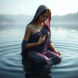 A serene and evocative depiction of the Virgin Mary, the Immaculate Conception of Nazareth, taking a bath in a tranquil lake