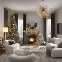 A cozy, welcoming, and festive living room design for New Year's Eve 2024. Features a large comfortable seating area filled with family and friends, decorations of gold and silver, a roaring fireplace, a countdown clock and a view of the midnight fireworks.