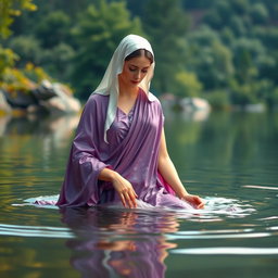 A serene depiction of the Virgin Mary, the Immaculate Conception of Nazareth, bathing in a serene lake