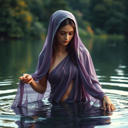 A serene depiction of the Virgin Mary, the Immaculate Conception of Nazareth, bathing in a serene lake