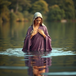 A serene depiction of the Virgin Mary, the Immaculate Conception of Nazareth, bathing in a serene lake