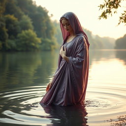 A serene depiction of the Virgin Mary, the Immaculate Conception of Nazareth, bathing in a serene lake