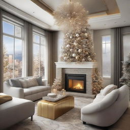 A cozy, welcoming, and festive living room design for New Year's Eve 2024. Features a large comfortable seating area filled with family and friends, decorations of gold and silver, a roaring fireplace, a countdown clock and a view of the midnight fireworks.