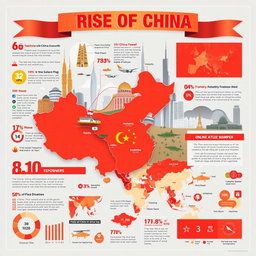 A detailed and dynamic infographic depicting the rise of China as a global power