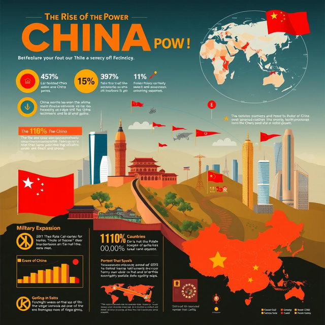 A detailed and dynamic infographic depicting the rise of China as a global power