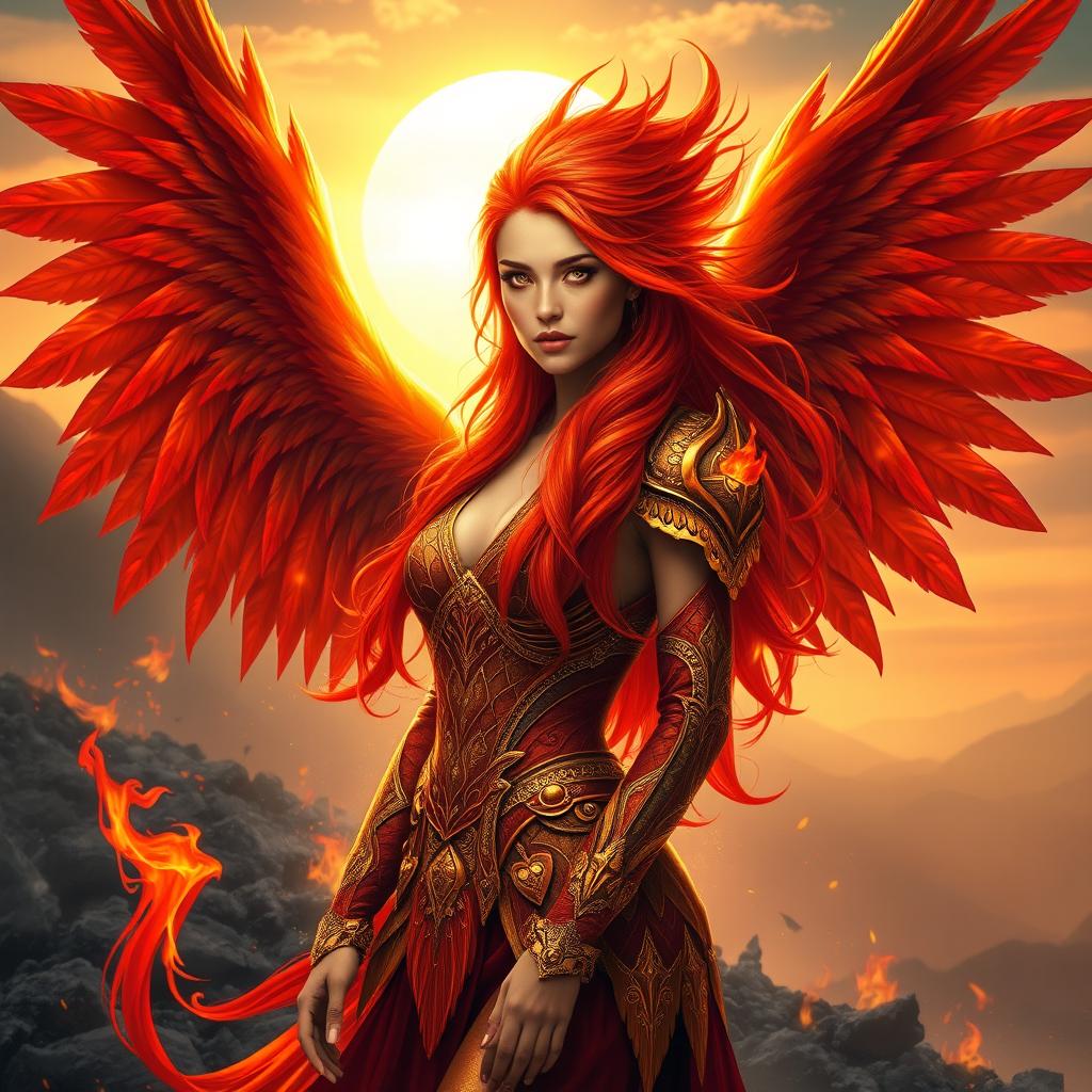 A stunning, mythical woman embodying the essence of a phoenix, with vibrant red and orange feathers integrating into her long flowing hair