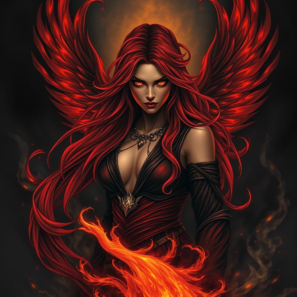 A dark-themed cover illustration featuring a striking woman symbolizing a phoenix