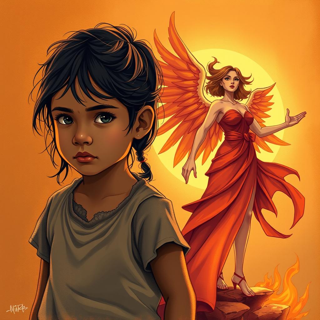 A poignant illustration depicting a young girl representing poverty on one side, transitioning into her empowered adult version on the other