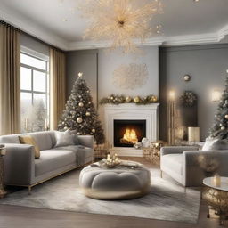 A cozy, welcoming, and festive living room design for New Year's Eve 2024. Features a large comfortable seating area filled with family and friends, decorations of gold and silver, a roaring fireplace, a countdown clock and a view of the midnight fireworks.