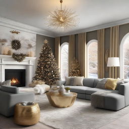 A cozy, welcoming, and festive living room design for New Year's Eve 2024. Features a large comfortable seating area filled with family and friends, decorations of gold and silver, a roaring fireplace, a countdown clock and a view of the midnight fireworks.