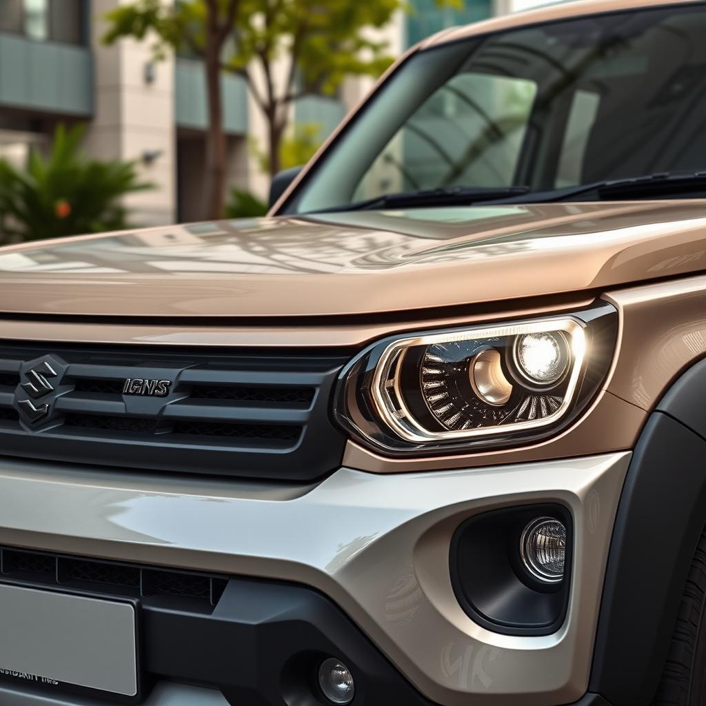 Create a detailed rendering of a modified Suzuki Ignis 2022 with headlamps swapped for those from a Suzuki Jimny 2022