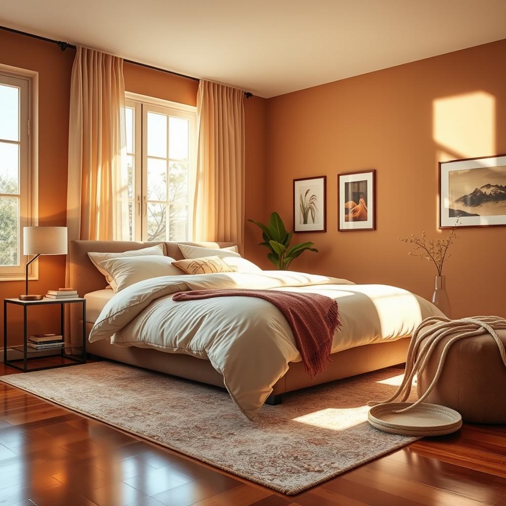 A cozy and inviting bedroom scene featuring a plush king-size bed with soft, fluffy pillows and a stylish comforter