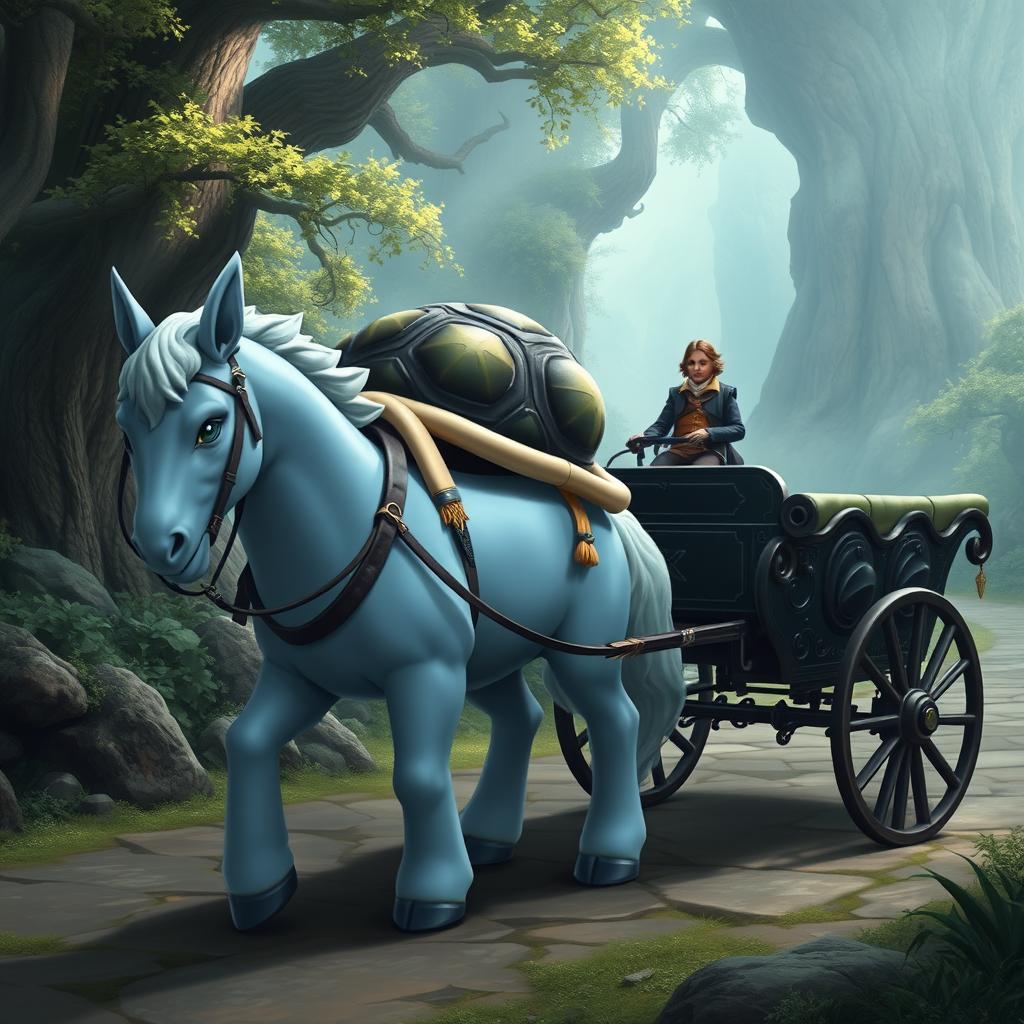 A majestic fantasy mount that resembles a blend of a horse and the Pokémon Blastoise, featuring smooth blue skin and a distinctive turtle shell on its back