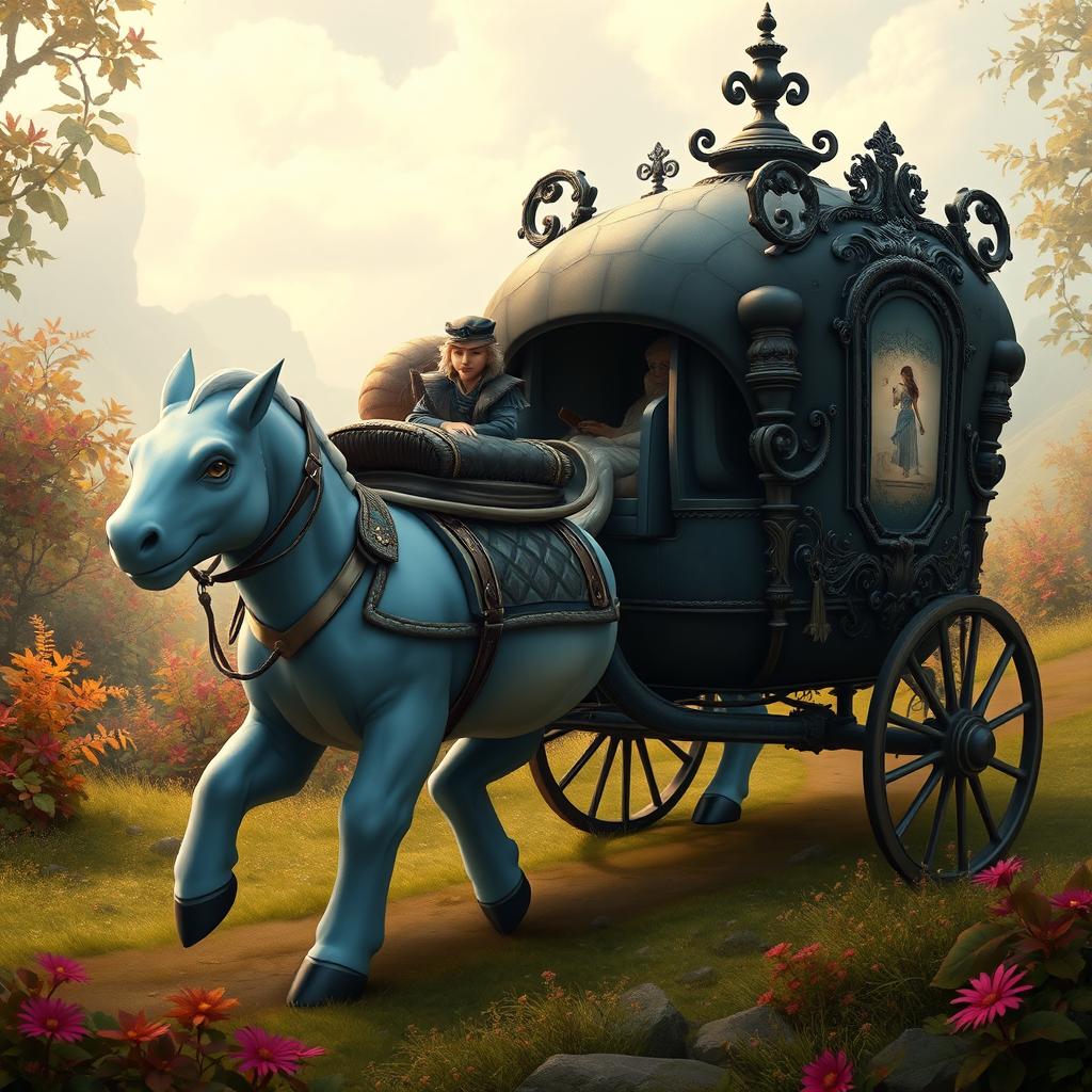 A grand fantasy mount that resembles a blend of a horse and the Pokémon Blastoise, featuring smooth blue skin, a distinctive turtle shell on its back, and a comfortable saddle for a rider