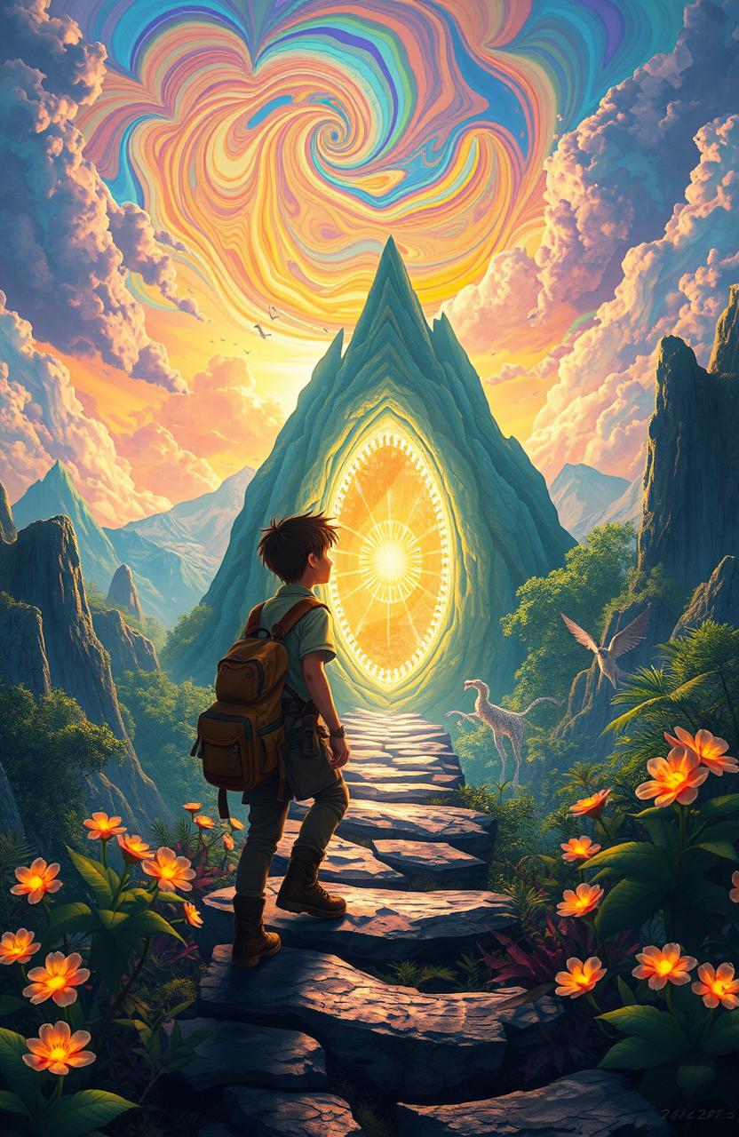 A vivid and enchanting scene of an adventurous character stepping into another world, surrounded by fantastical landscapes featuring lush, vibrant jungles, majestic mountains, and surreal skies filled with swirling colors