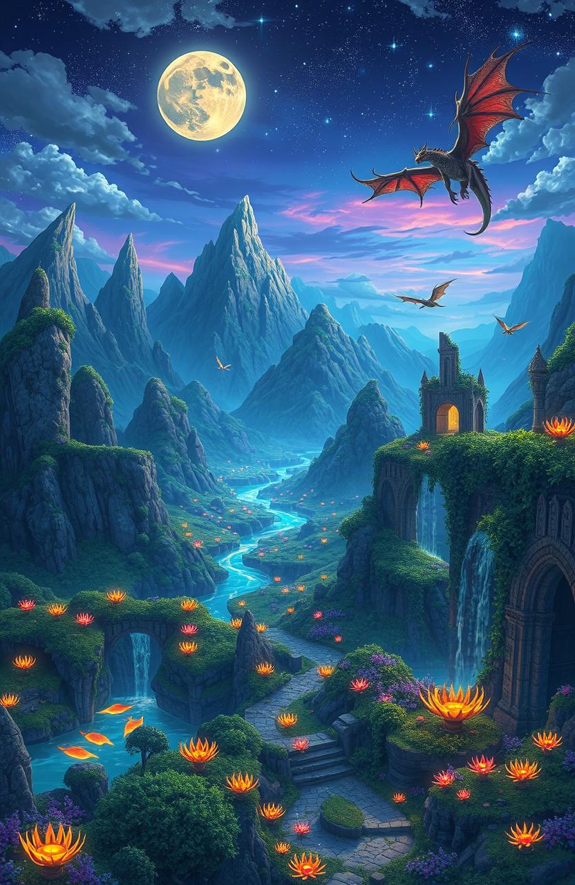 A fantastical world called Eridoria, filled with lush, vibrant landscapes