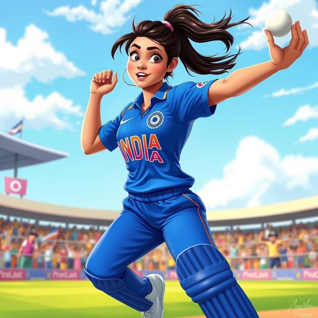 A dynamic Disney Pixar-style illustration of a 25-year-old female Indian cricketer in mid-action, showcasing her athleticism and focus