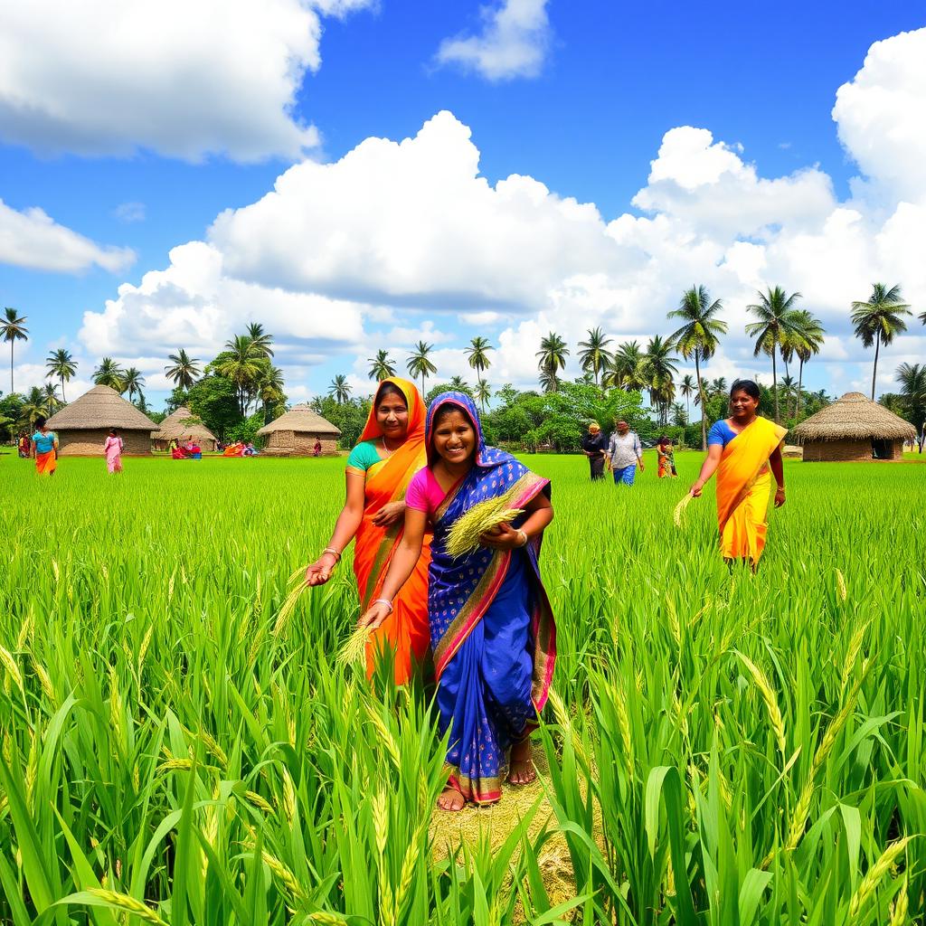 A vibrant scene showcasing Indian farmers in a lush green field during harvest season