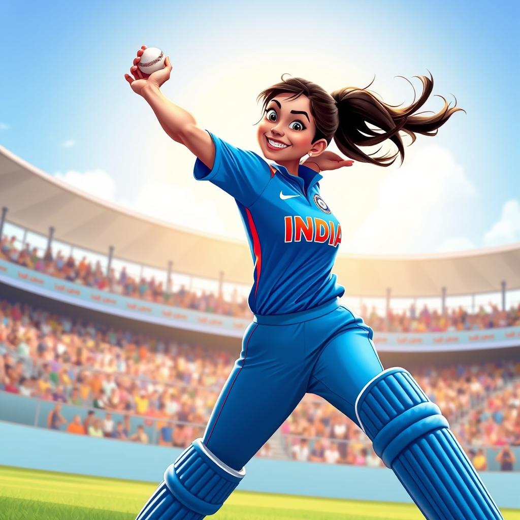 A dynamic Disney Pixar-style illustration of a 25-year-old female Indian cricketer in mid-action, showcasing her athleticism and fierce determination