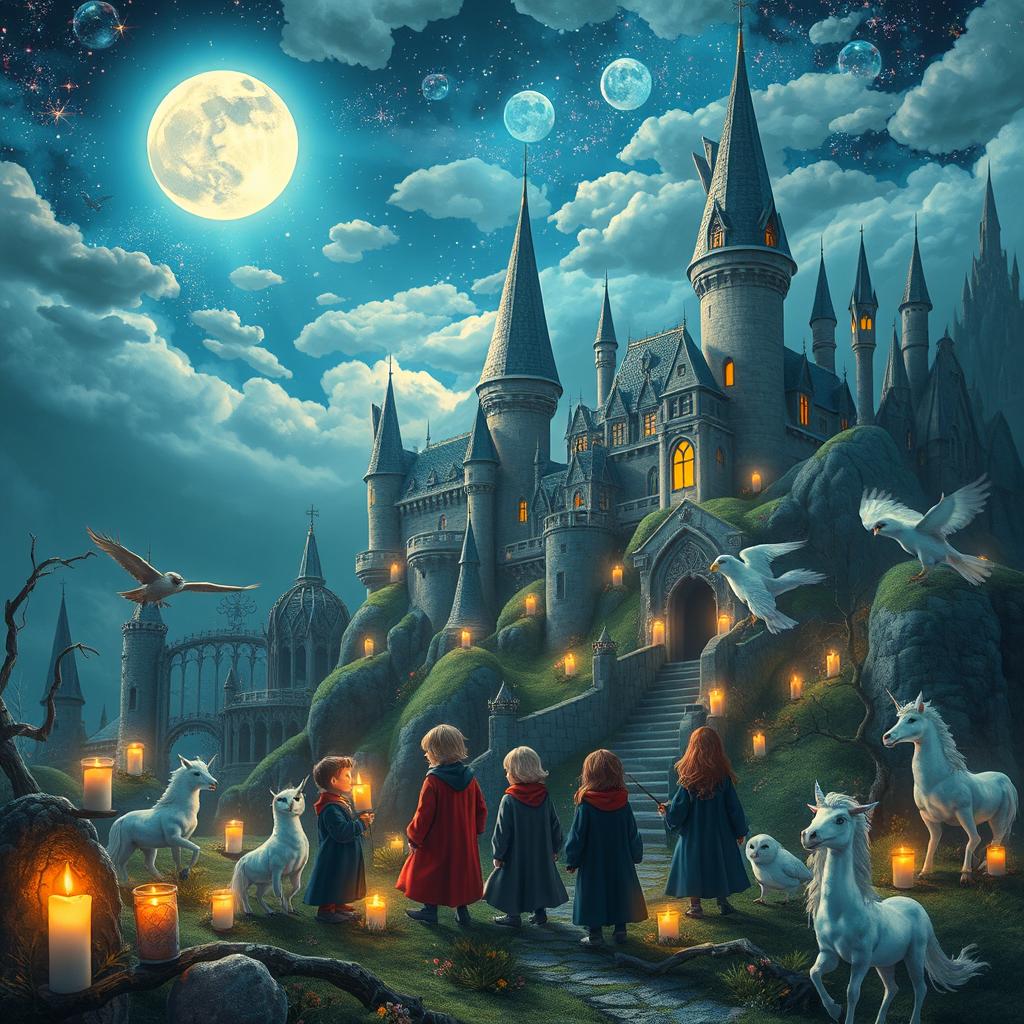 A magical scene in a whimsical fantasy world reminiscent of the Harry Potter universe, featuring an enchanting castle, floating candles, and students dressed in wizard robes surrounded by mythical creatures like owls and unicorns