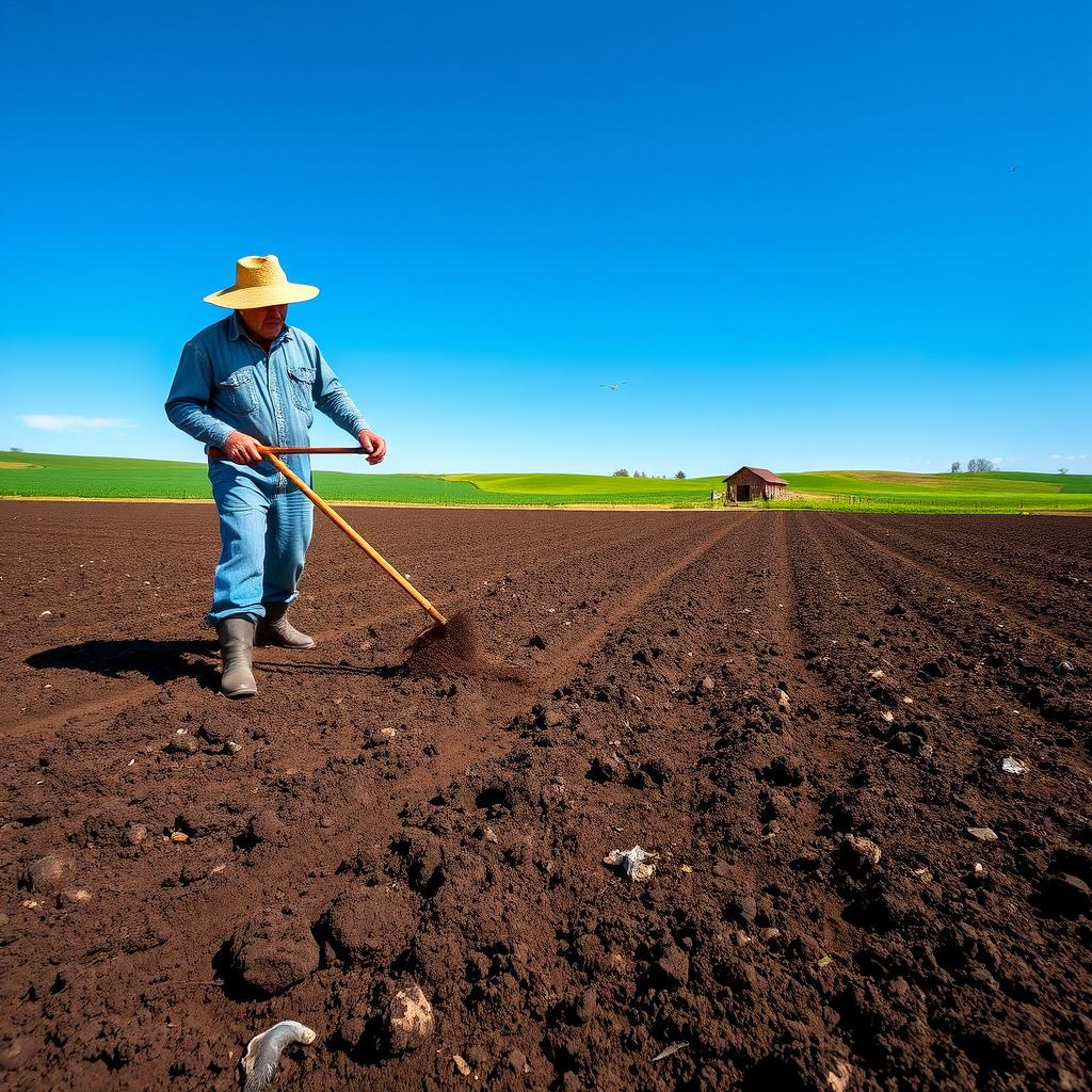 A vast agricultural landscape under a blue sky, with a farmer skillfully plowing hard land using a traditional plow