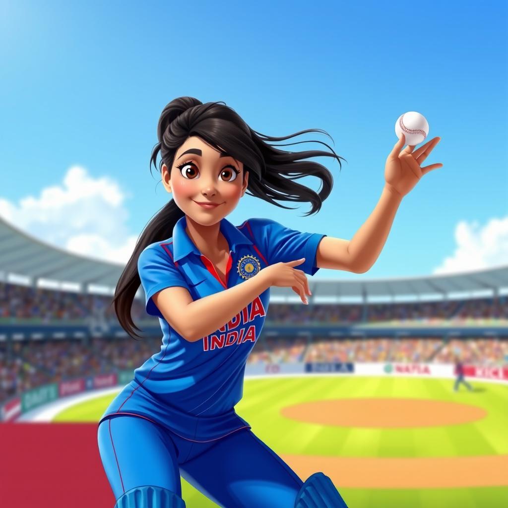 A vibrant Disney Pixar-style illustration of a 25-year-old Indian female cricketer in a bowling action pose