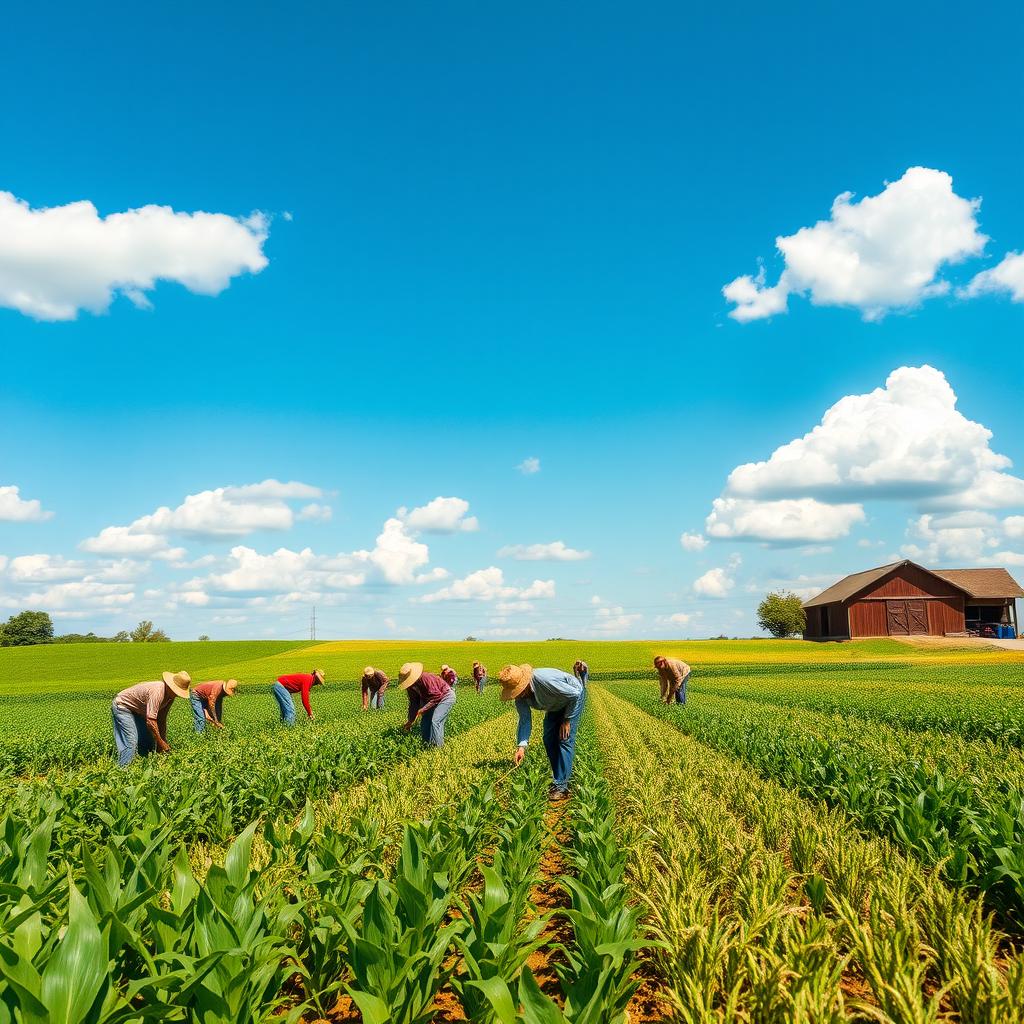 A picturesque scene of hardworking farmers in a lush, vibrant field