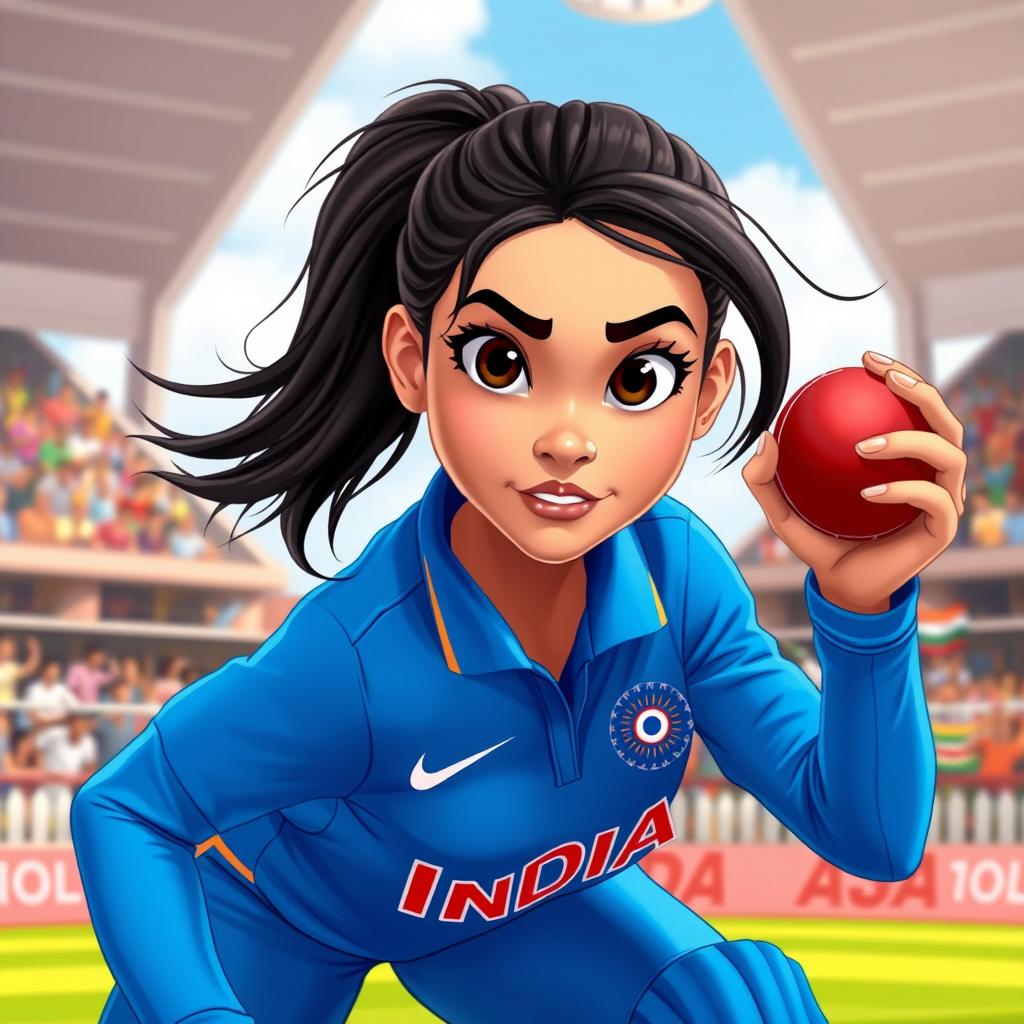 A lively Disney Pixar-style illustration of a 25-year-old Indian female cricketer captured in a proper bowling action
