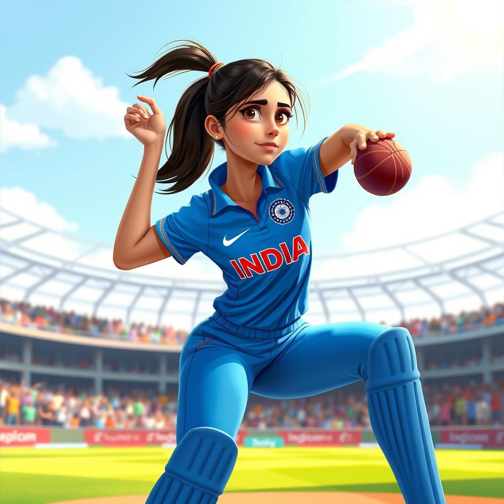 A vibrant Disney Pixar-style illustration of a 25-year-old Indian female cricketer captured in a proper bowling action