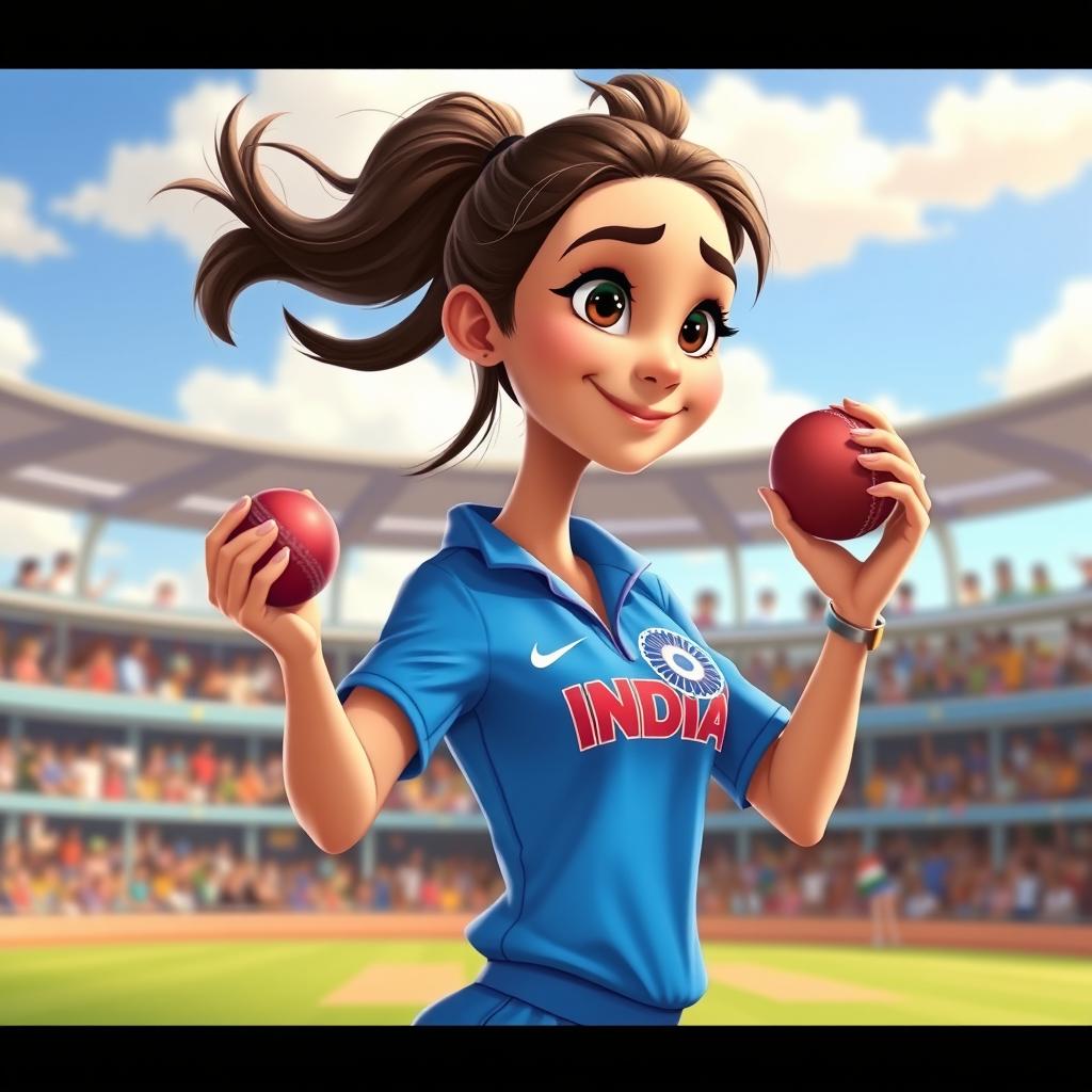 A cheerful Disney Pixar-style illustration of a 25-year-old Indian female cricketer captured in a proper bowling action