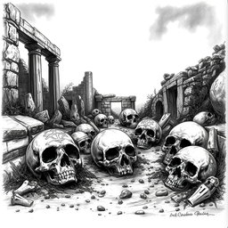 A detailed black and white drawing depicting an eerie scene where several skulls are scattered among the crumbling ruins of an ancient civilization