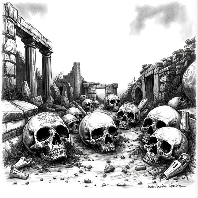 A detailed black and white drawing depicting an eerie scene where several skulls are scattered among the crumbling ruins of an ancient civilization