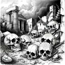 A detailed black and white drawing depicting an eerie scene where several skulls are scattered among the crumbling ruins of an ancient civilization