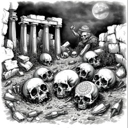A detailed black and white drawing depicting an eerie scene where several skulls are scattered among the crumbling ruins of an ancient civilization