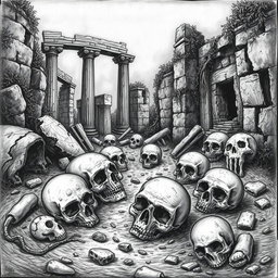A detailed black and white drawing depicting an eerie scene where several skulls are scattered among the crumbling ruins of an ancient civilization