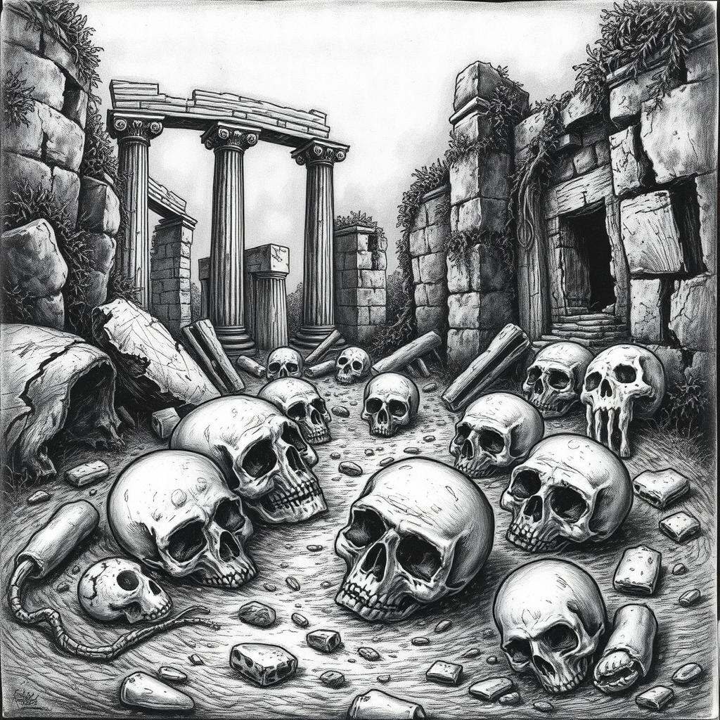 A detailed black and white drawing depicting an eerie scene where several skulls are scattered among the crumbling ruins of an ancient civilization