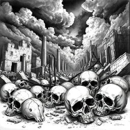 A detailed black and white drawing depicting an eerie scene of skulls scattered among the ruins of a desolate city
