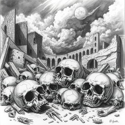 A detailed black and white drawing depicting an eerie scene of skulls scattered among the ruins of a desolate city
