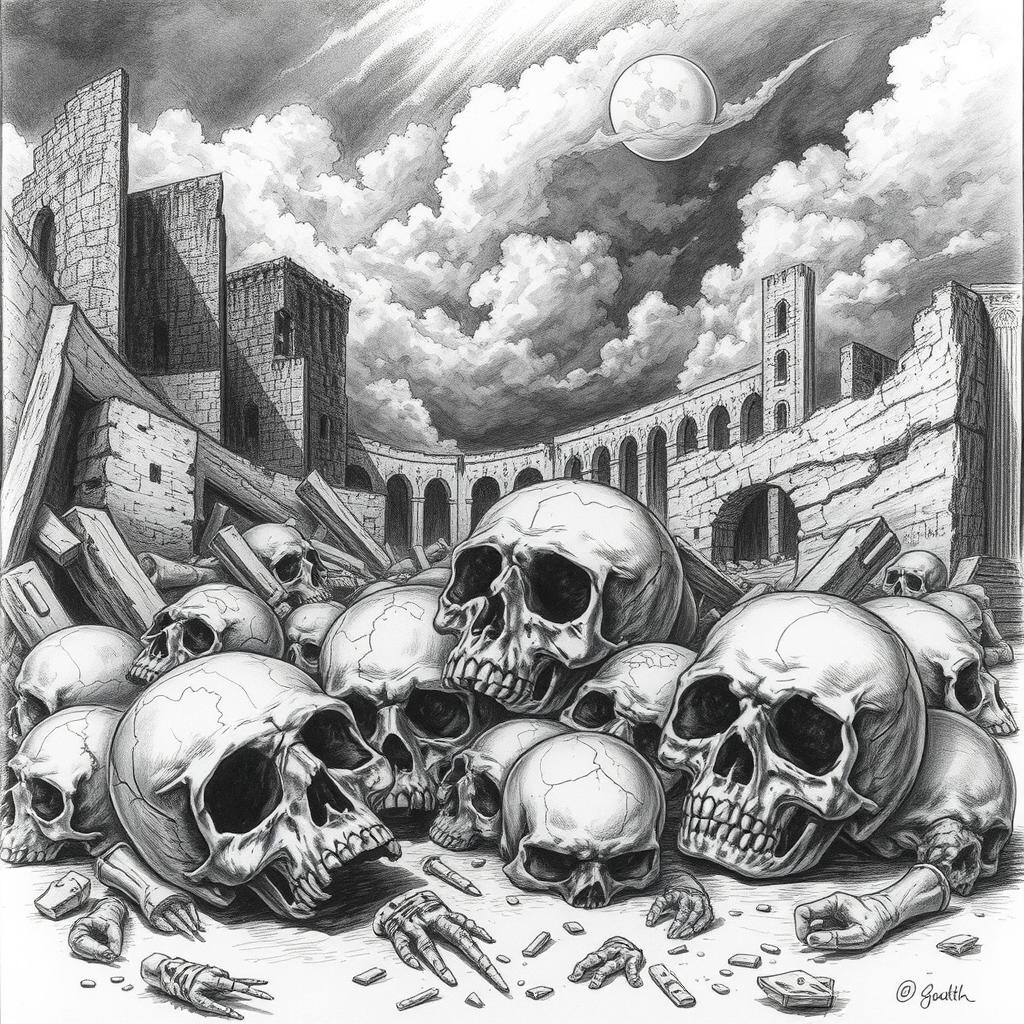 A detailed black and white drawing depicting an eerie scene of skulls scattered among the ruins of a desolate city