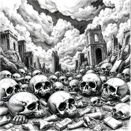 A detailed black and white drawing depicting an eerie scene of skulls scattered among the ruins of a desolate city